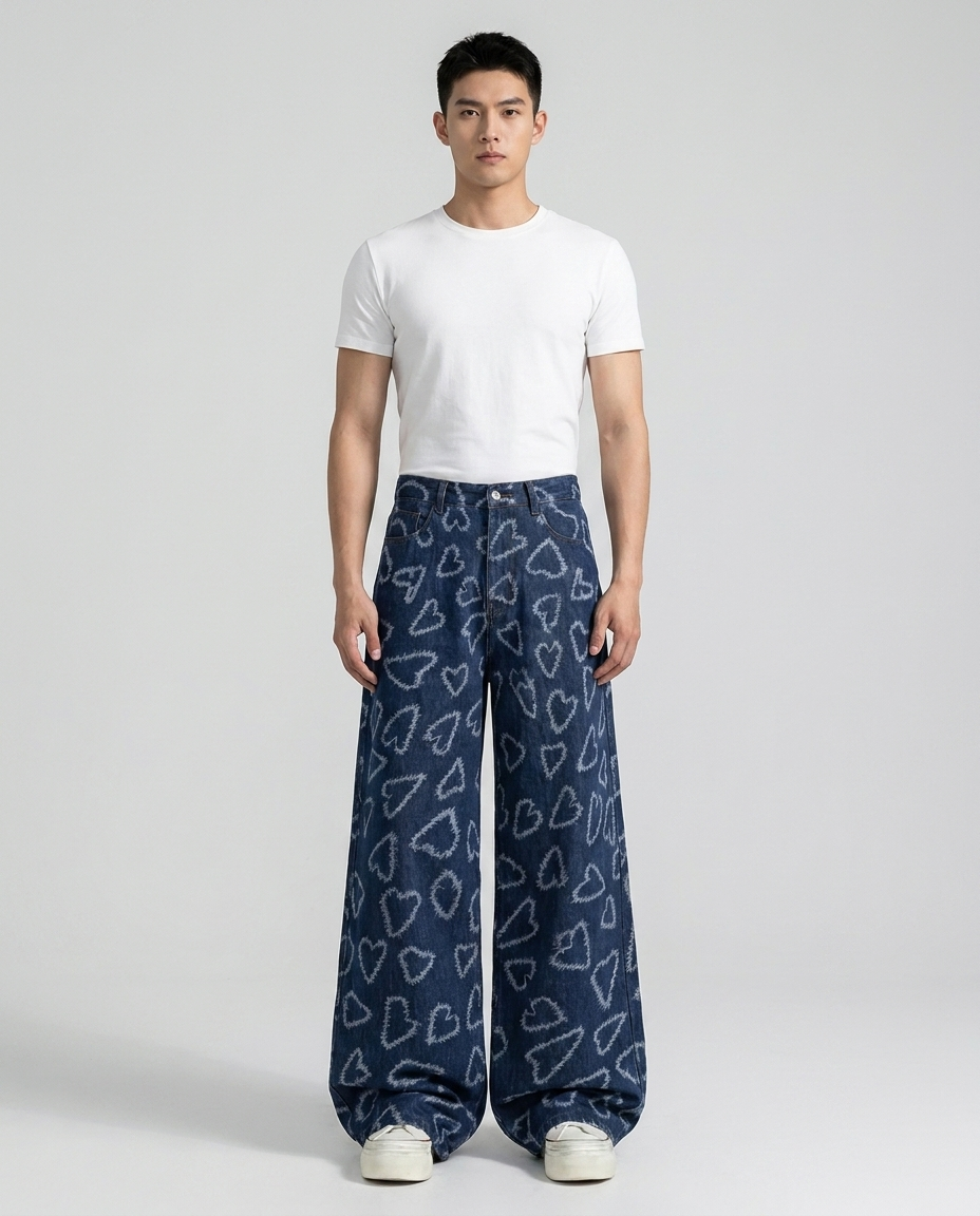 Boulevard Jeans — Heart Print on model — mega baggy fit covering sneakers