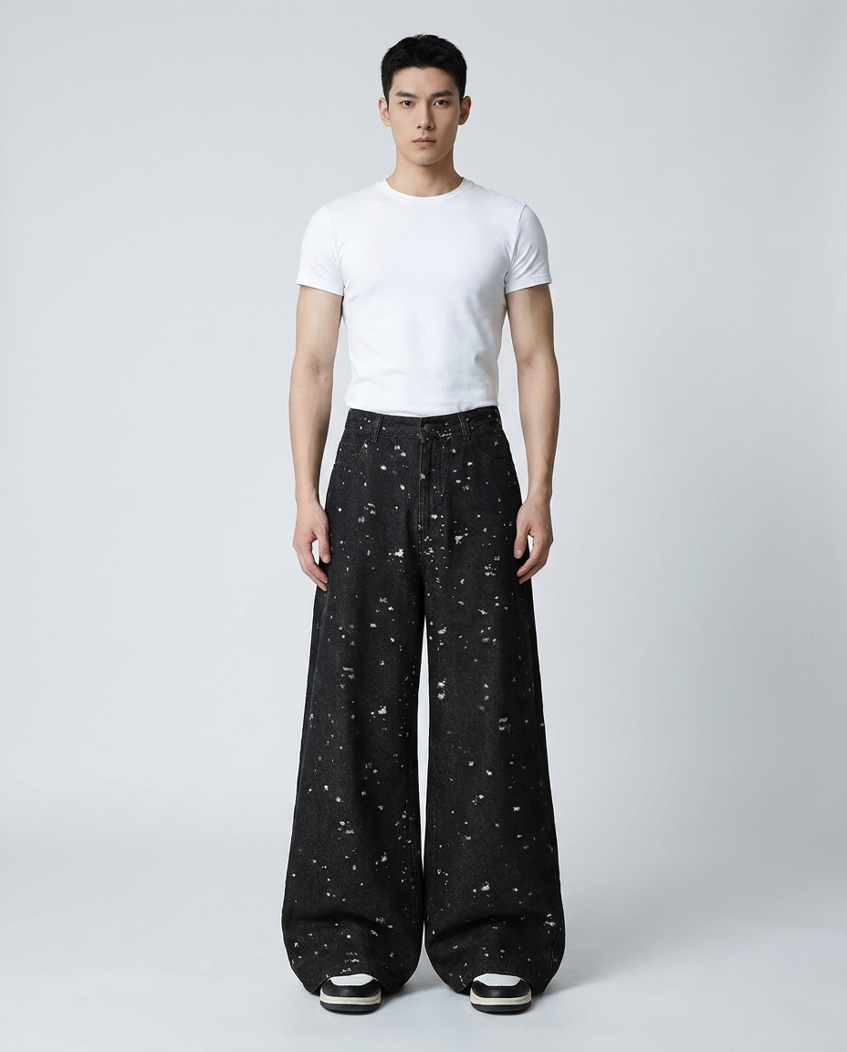 Boulevard Distressed Jeans — Frayed Weave on model — mega baggy fit covering sneakers