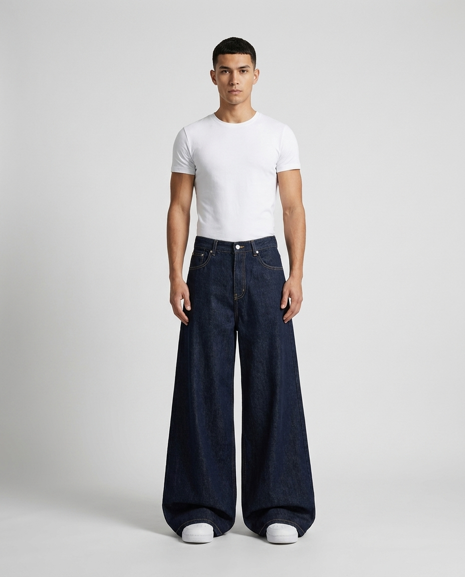 Cooper Jeans Night Wash on model — mega baggy fit covering sneakers