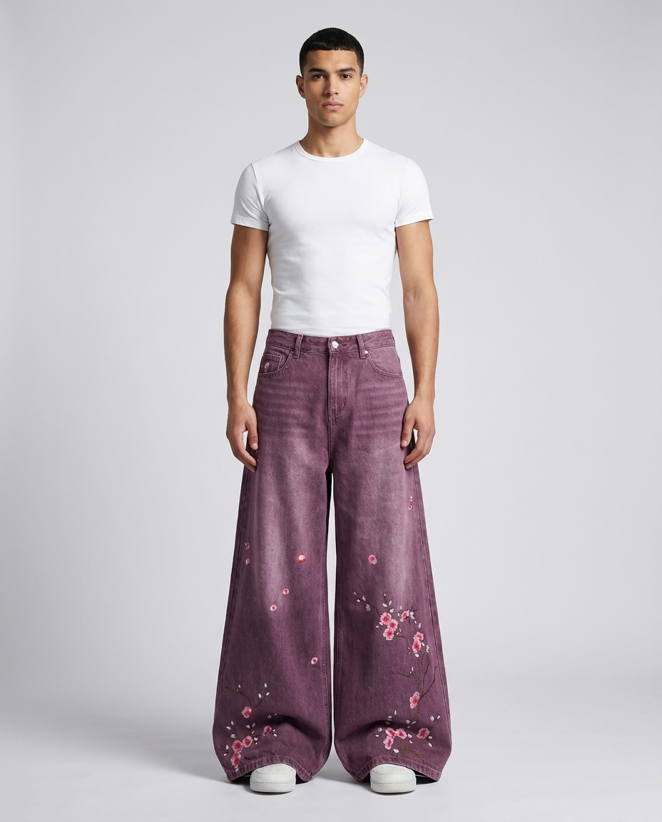 Big Easy Embroidered Jeans Plum Wash on model — mega baggy fit covering sneakers