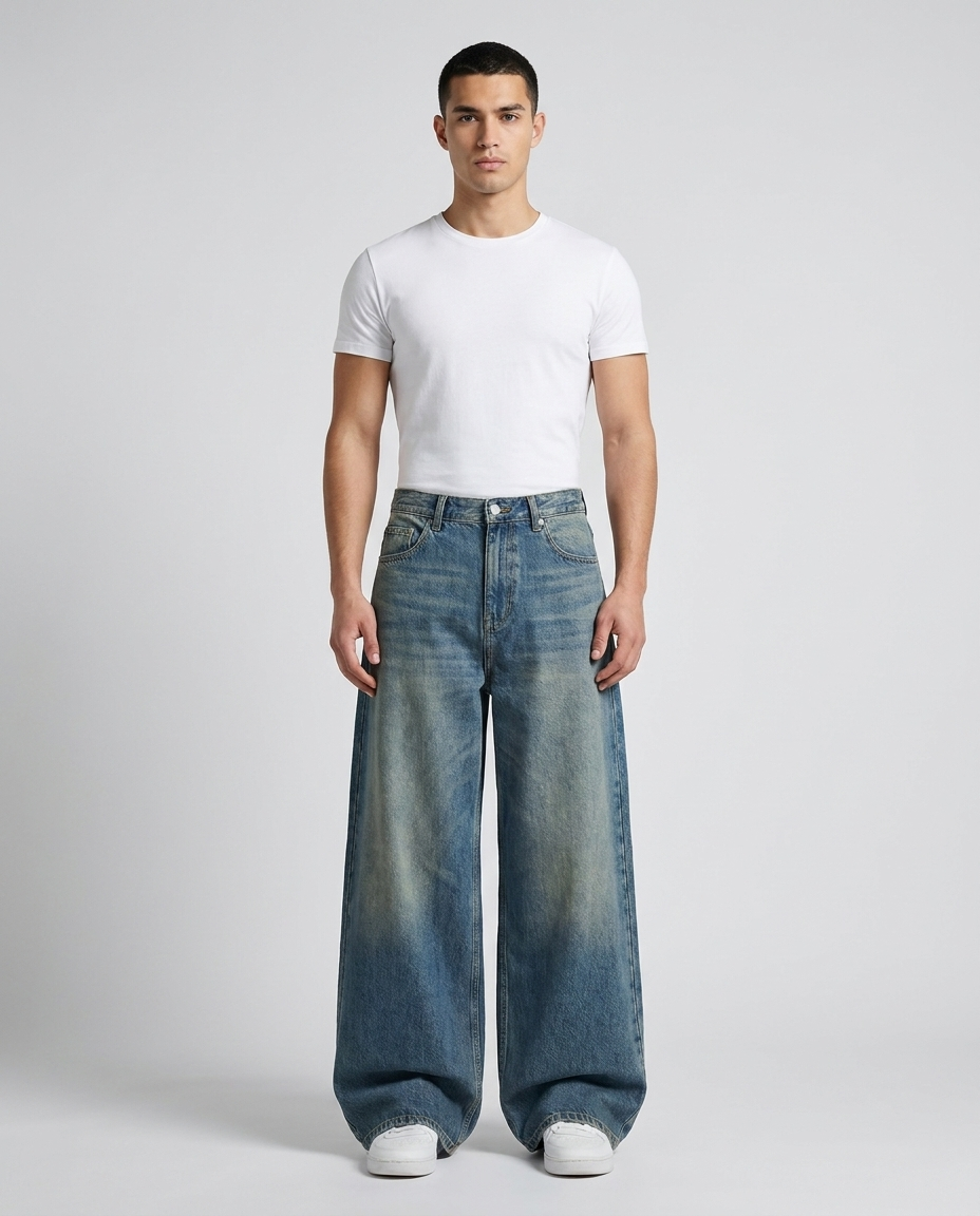 Easy Jeans Vintage Blue on model — mega baggy fit covering sneakers