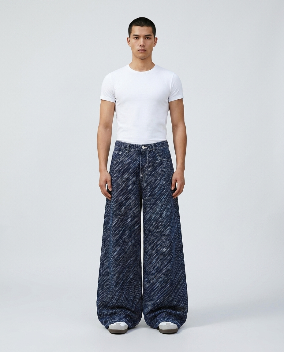 Easy Jeans Wave Stripe on model — mega baggy fit covering sneakers