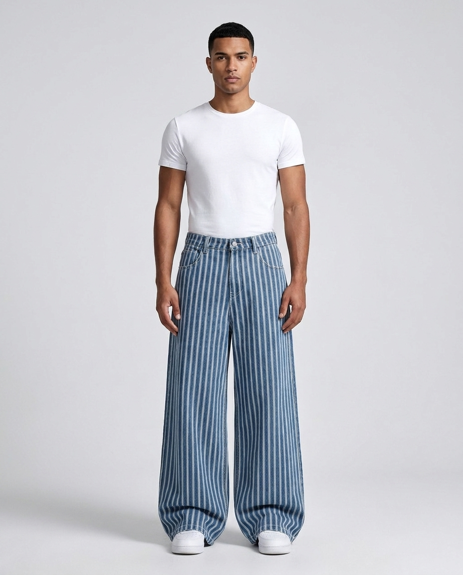 Easy Jeans Shore Stripe on model — mega baggy fit covering sneakers