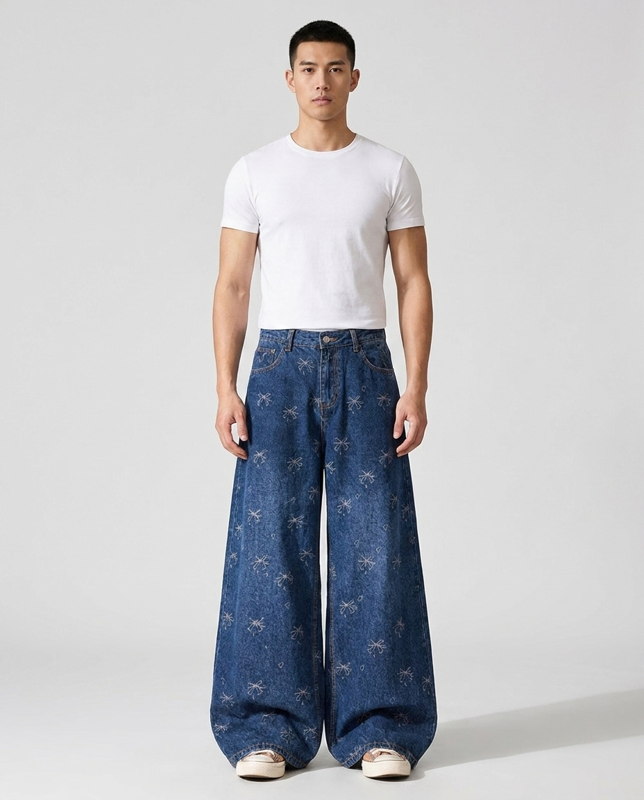 Maxout Jeans Bow Weave on model — mega baggy fit covering sneakers