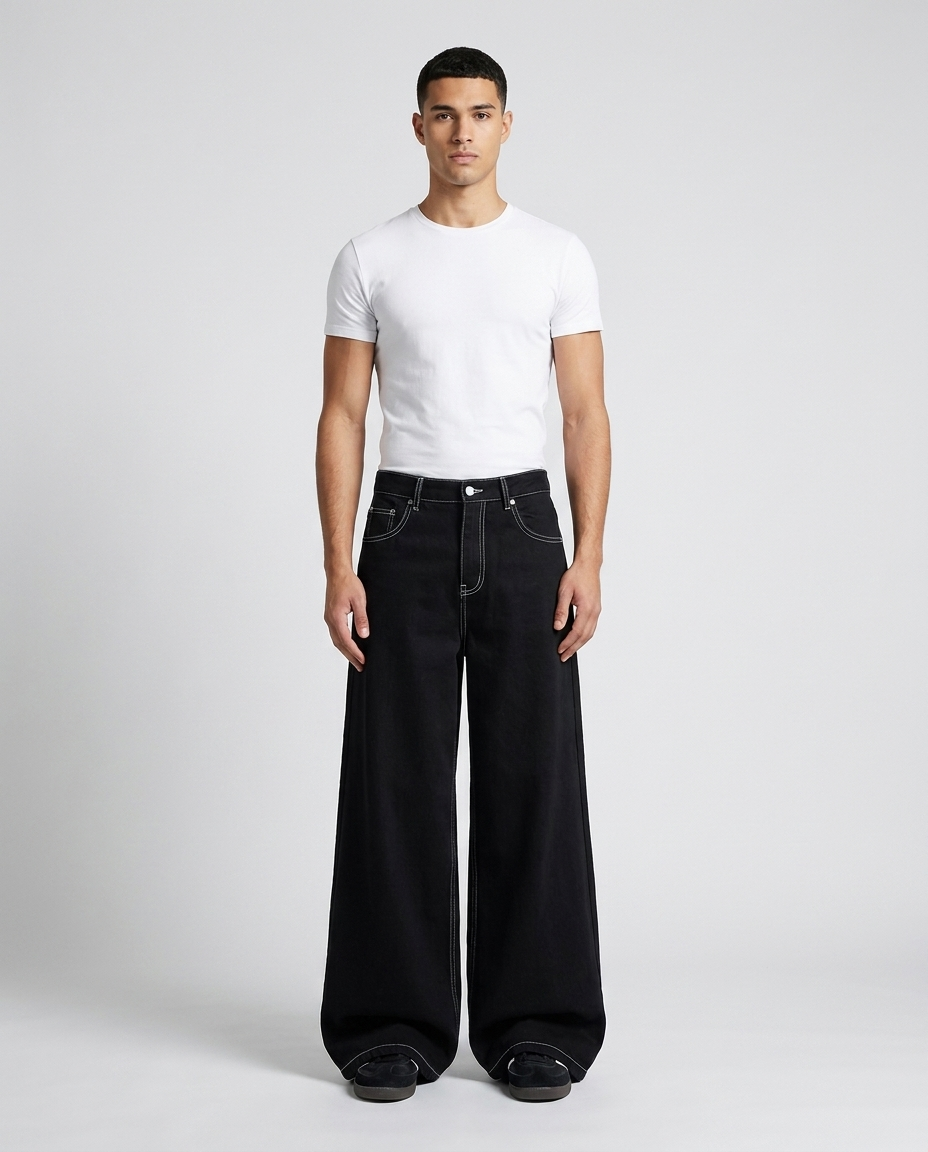 Maxout Jeans Jet Black on model — mega baggy fit covering sneakers