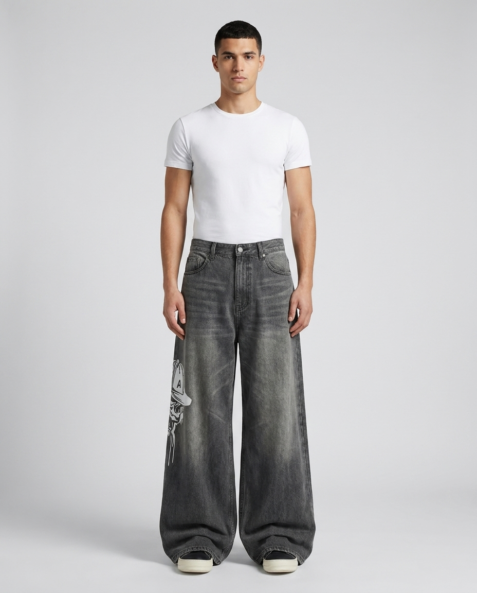 Maxout Jeans Skull Smoke on model — mega baggy fit covering sneakers