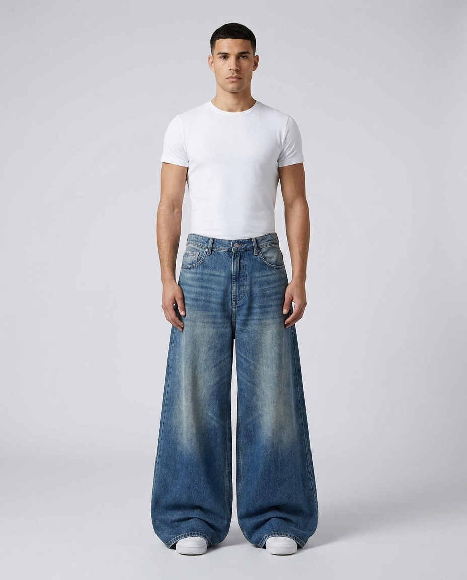 Easy Jeans Heritage Wash on model — mega baggy fit covering sneakers