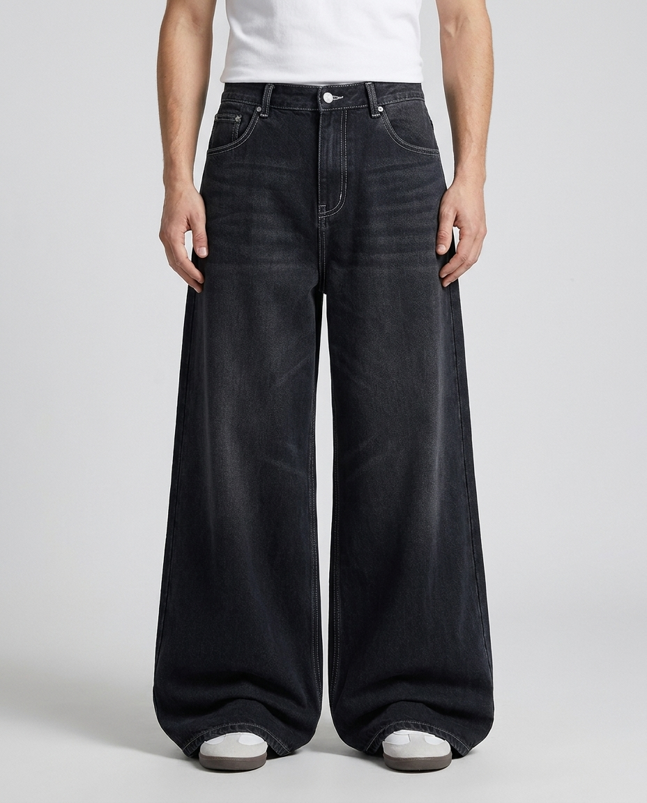 Big Easy Jeans Patchwork Night on model — mega baggy fit covering sneakers