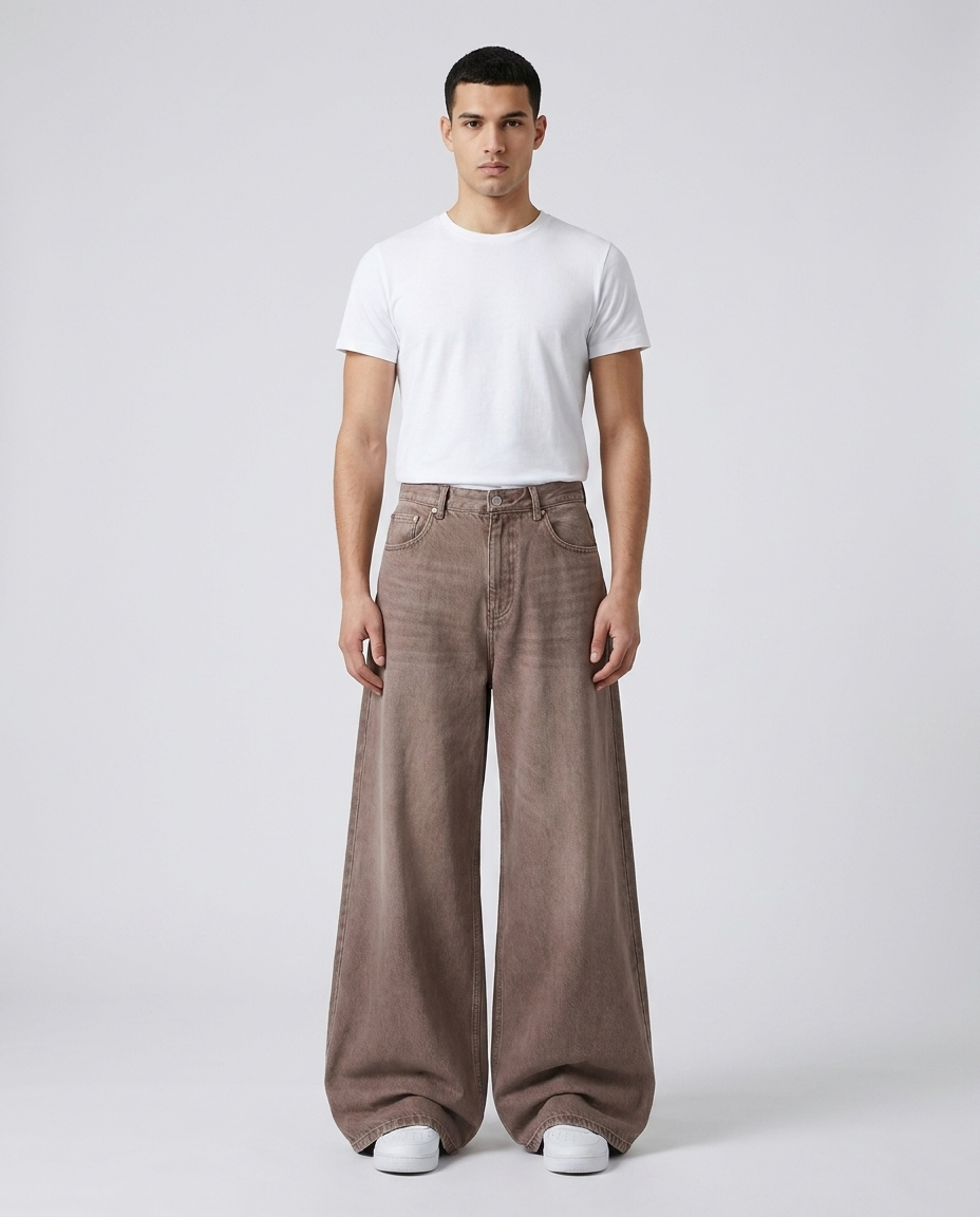 Maxout Jeans Timber Brown on model — mega baggy fit covering sneakers