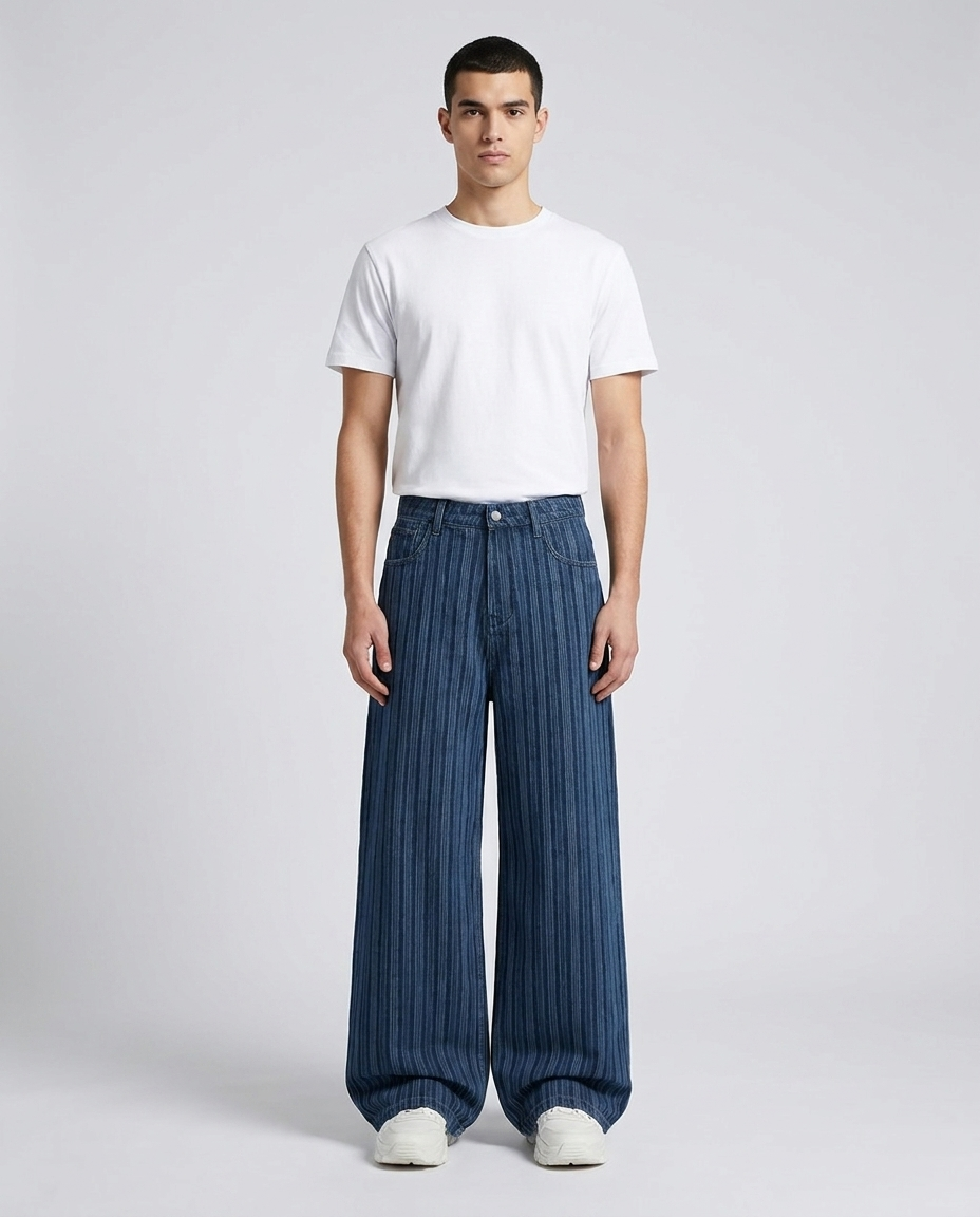 Easy Jeans Tide Stripe on model — mega baggy fit covering sneakers