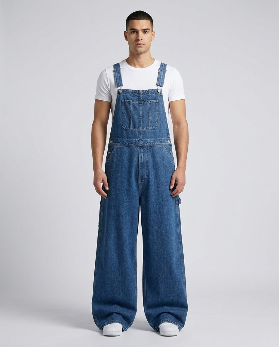 Foreman Overall Jeans Indigo Bib on model — mega baggy fit covering sneakers