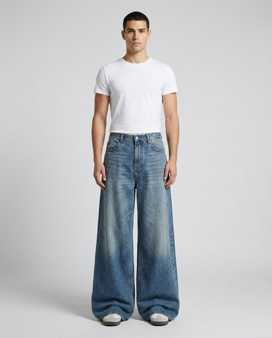 Maxout Jeans Vintage Fade on model — mega baggy fit covering sneakers