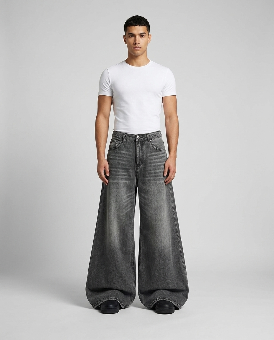 Big Easy Jeans Camo Star on model — mega baggy fit covering sneakers