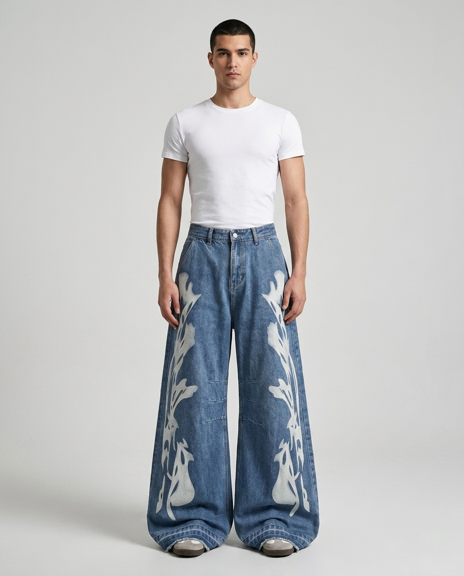 Session Jeans Static Fade on model — mega baggy fit covering sneakers