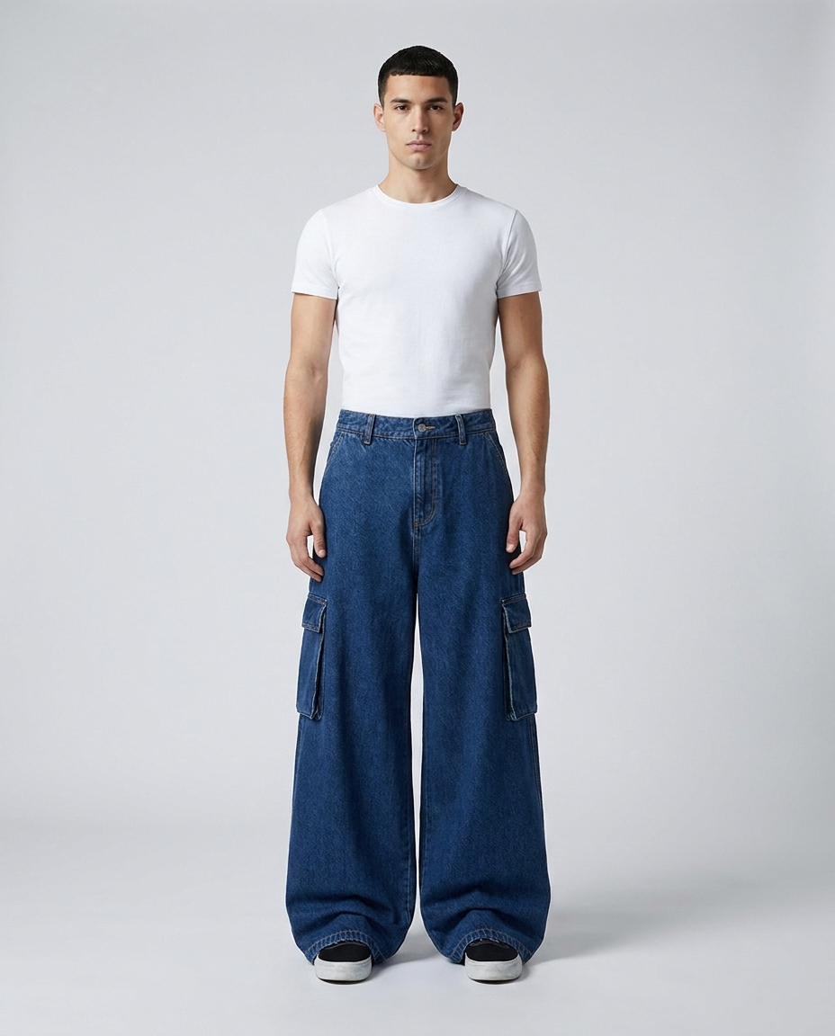 Big Easy Cargo Jeans Night Shift on model — mega baggy fit covering sneakers