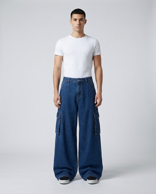 Big Easy Cargo Jeans Night Shift on model — mega baggy fit covering sneakers
