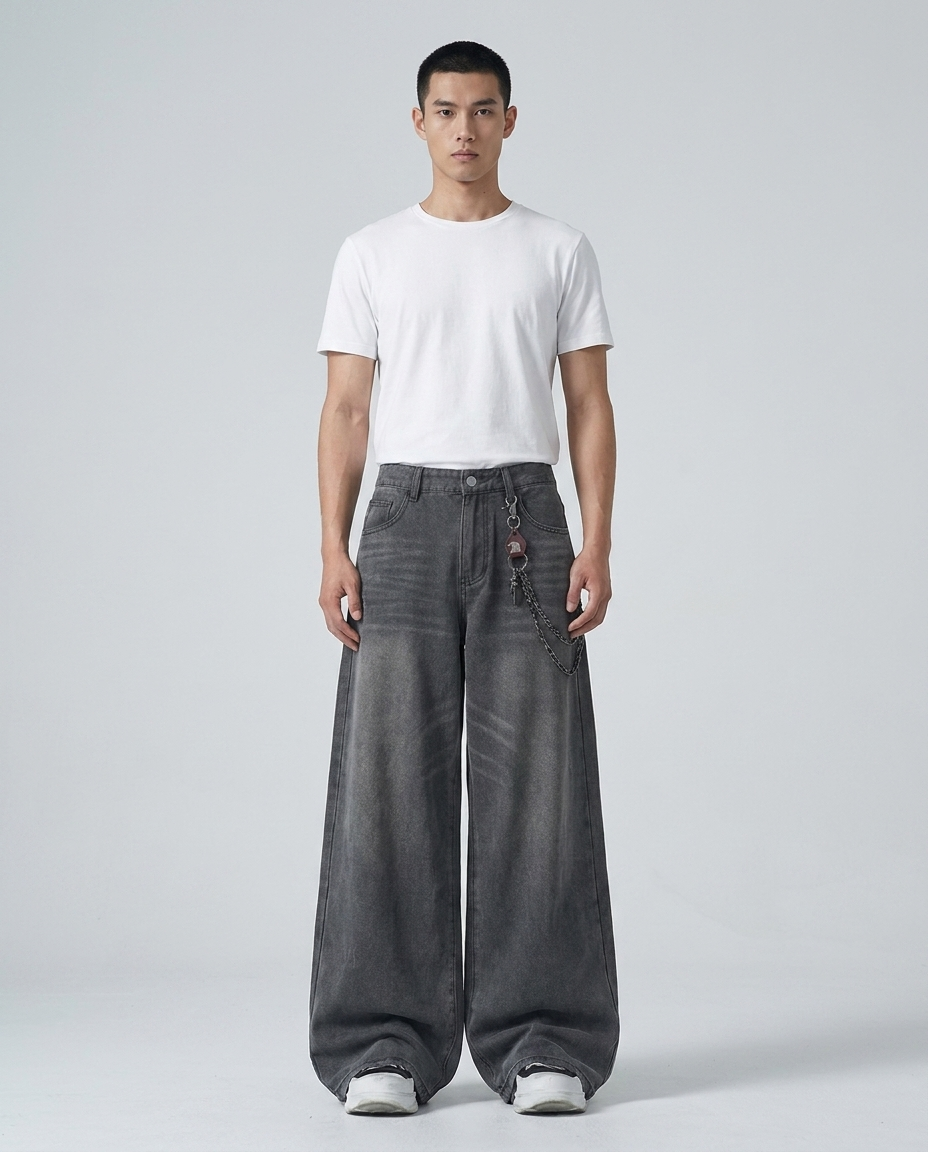 Easy Jeans Ash Grey on model — mega baggy fit covering sneakers