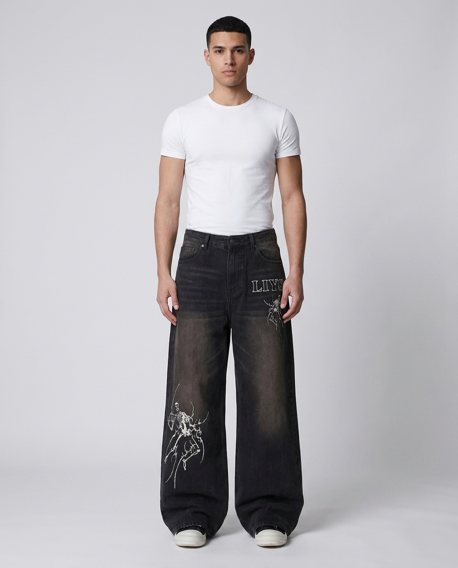 Big Easy Jeans Shadow Black on model — mega baggy fit covering sneakers