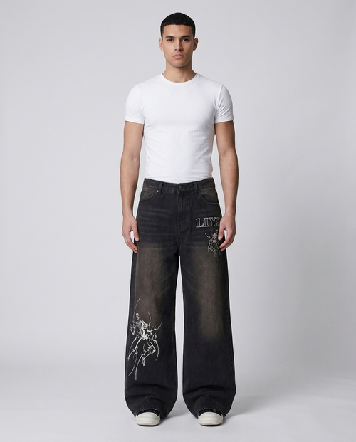 Big Easy Jeans Shadow Black on model — mega baggy fit covering sneakers