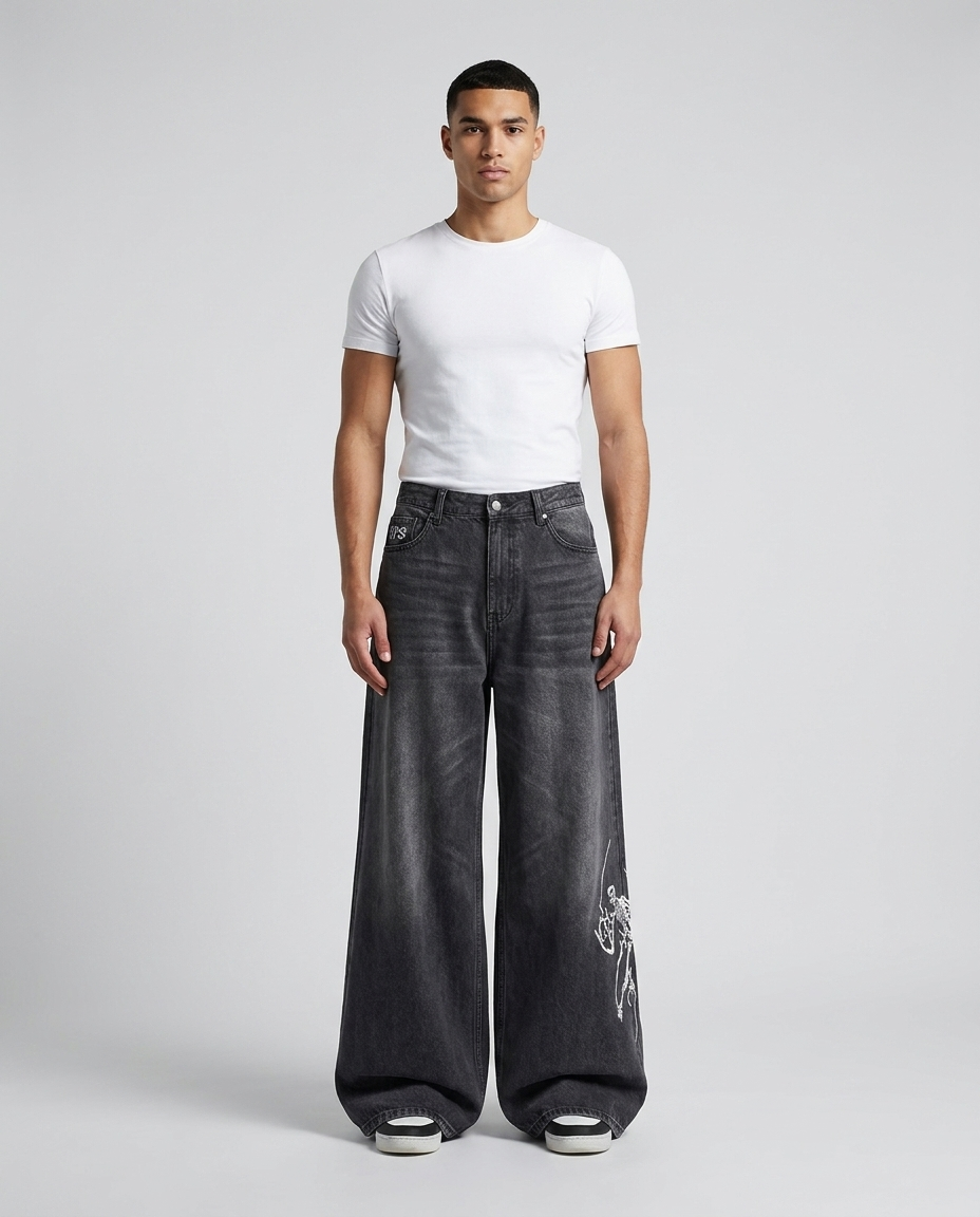 Easy Jeans Comic Night on model — mega baggy fit covering sneakers