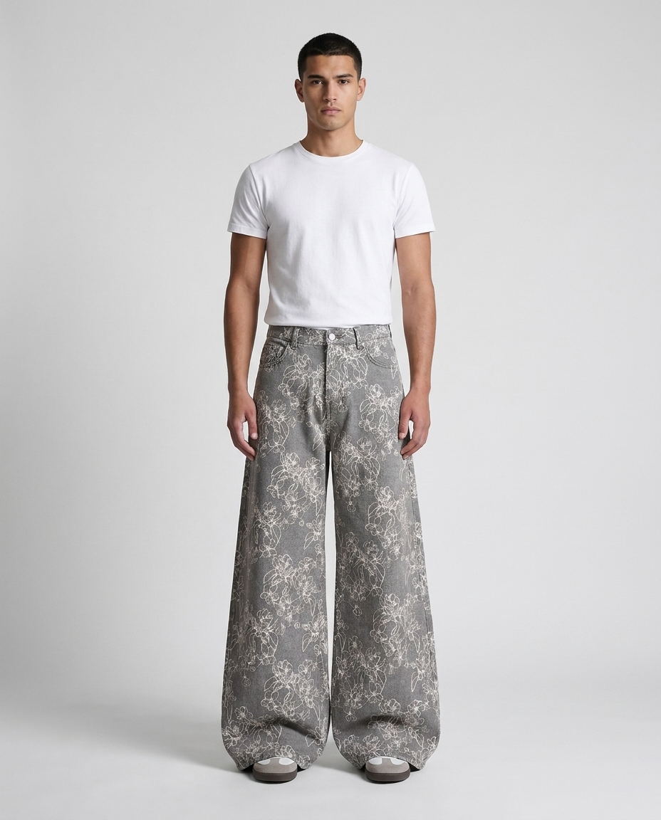Easy Jeans Garden Weave on model — mega baggy fit covering sneakers