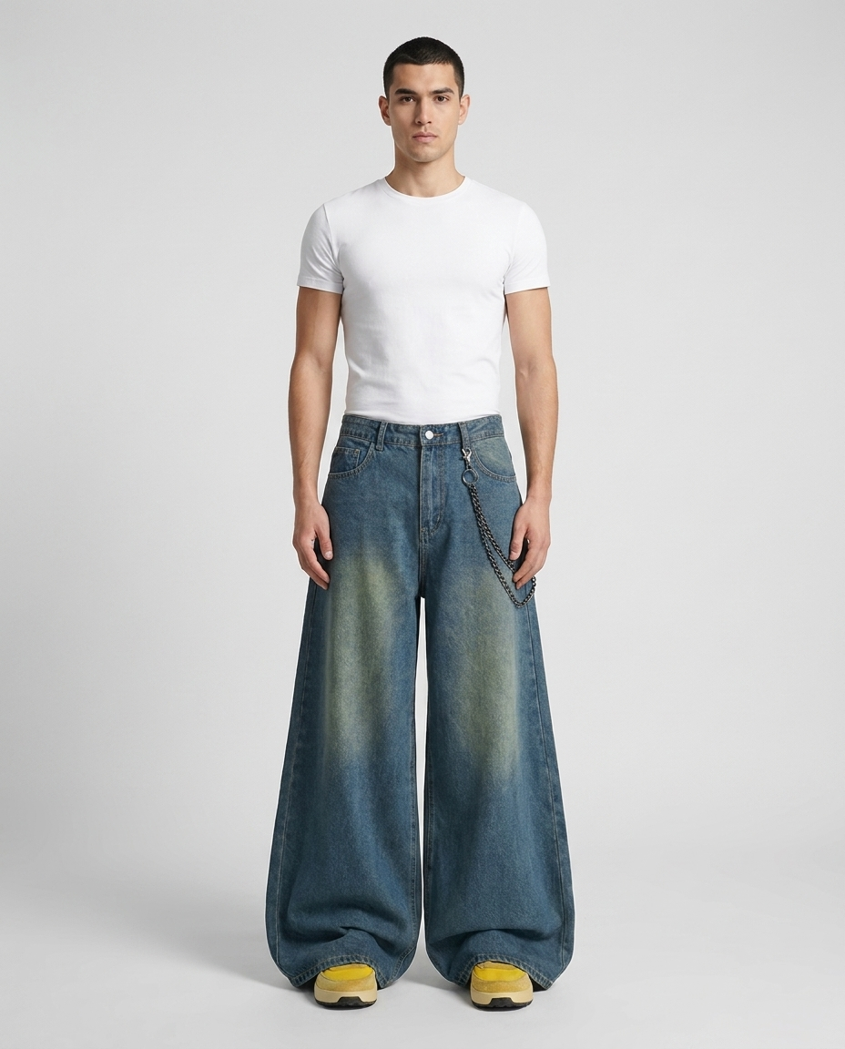 Cooper Jeans Arc Wash on model — mega baggy fit covering sneakers