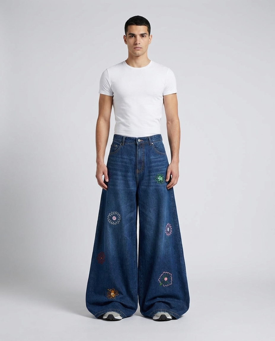 Big Easy Embroidered Jeans Petal Blue on model — mega baggy fit covering sneakers