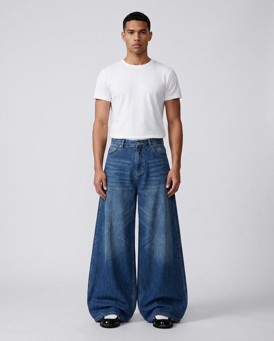 Maxout Jeans Rivet Blue on model — mega baggy fit covering sneakers