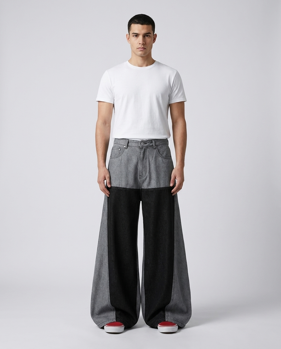 Easy Jeans Cinder Patch on model — mega baggy fit covering sneakers