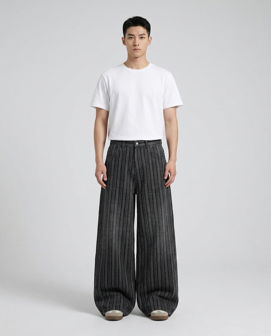 Session Jeans Pinstripe Fade on model — mega baggy fit covering sneakers