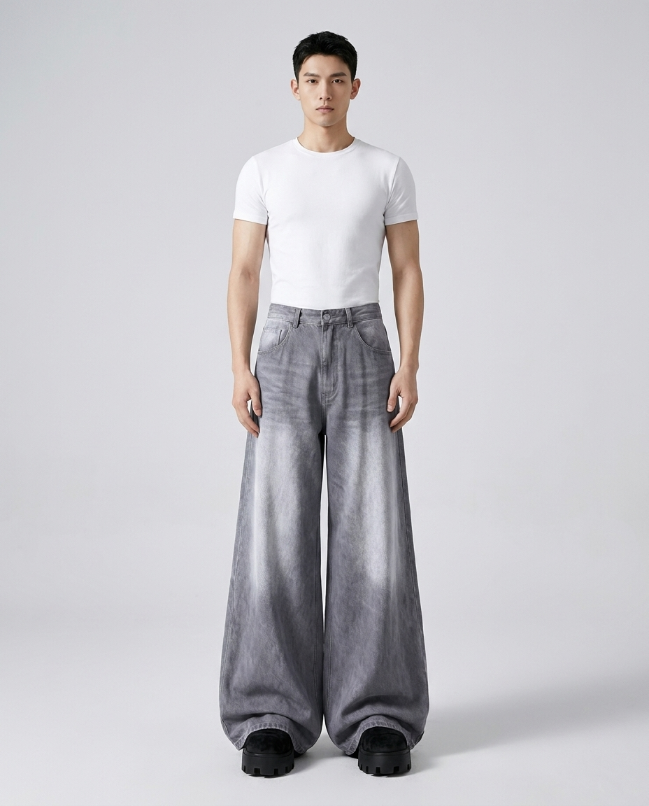 Maxout Jeans Polar White on model — mega baggy fit covering sneakers