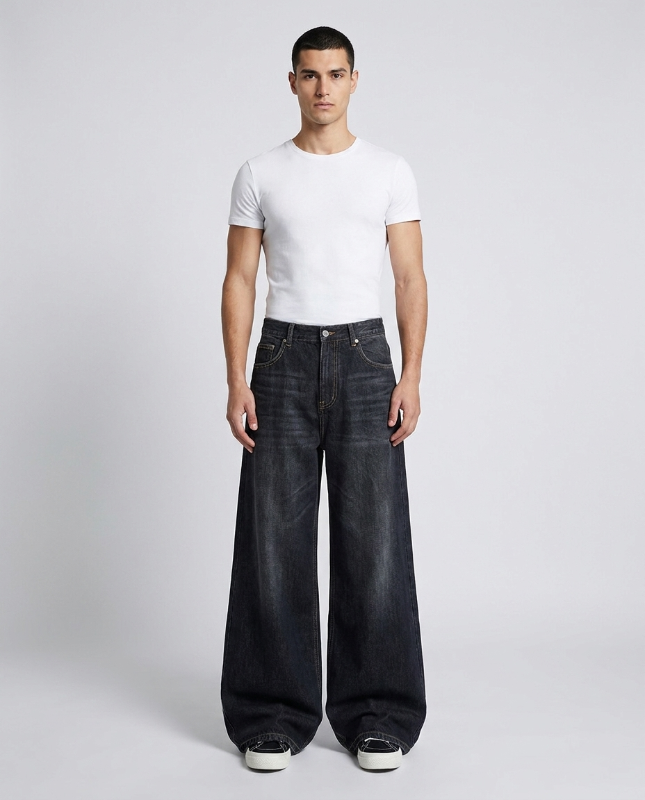 Big Easy Jeans Night Bloom on model — mega baggy fit covering sneakers