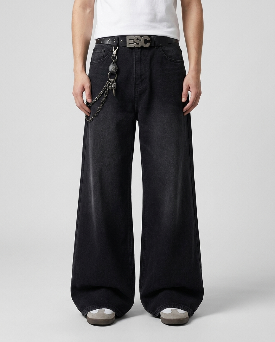 Easy Jeans Soft Black on model — mega baggy fit covering sneakers
