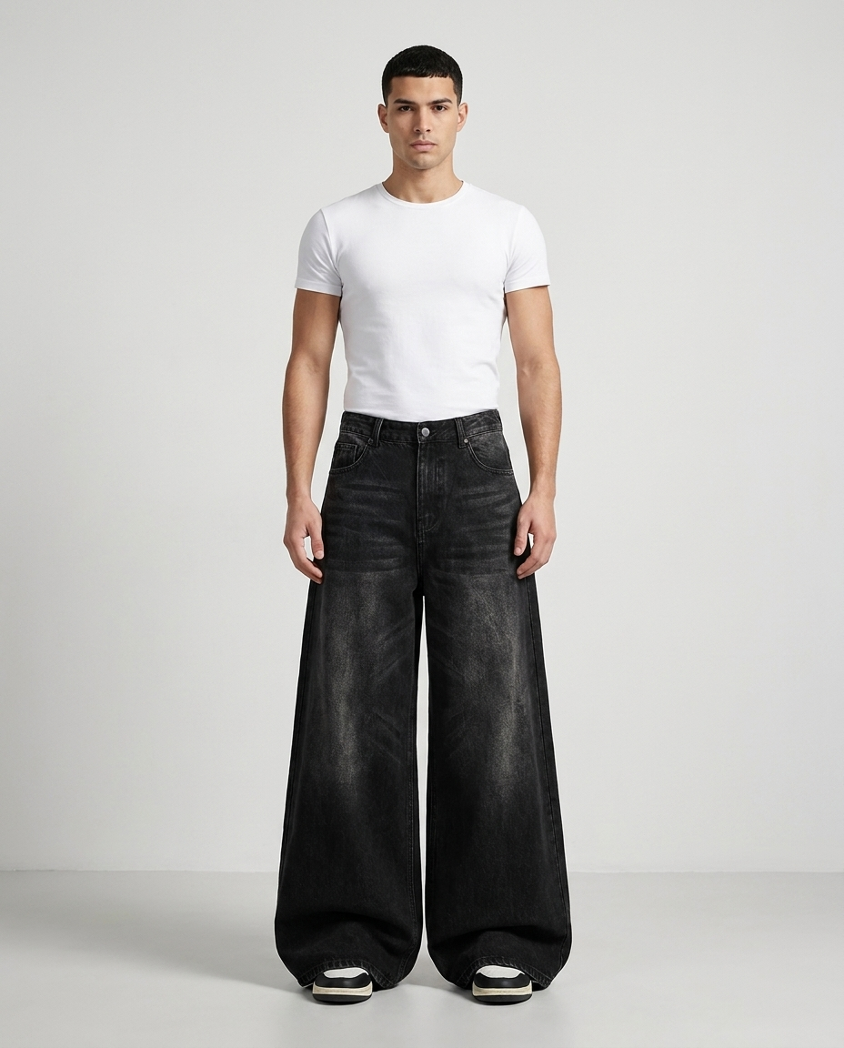 Session Jeans Graffiti Black on model — mega baggy fit covering sneakers