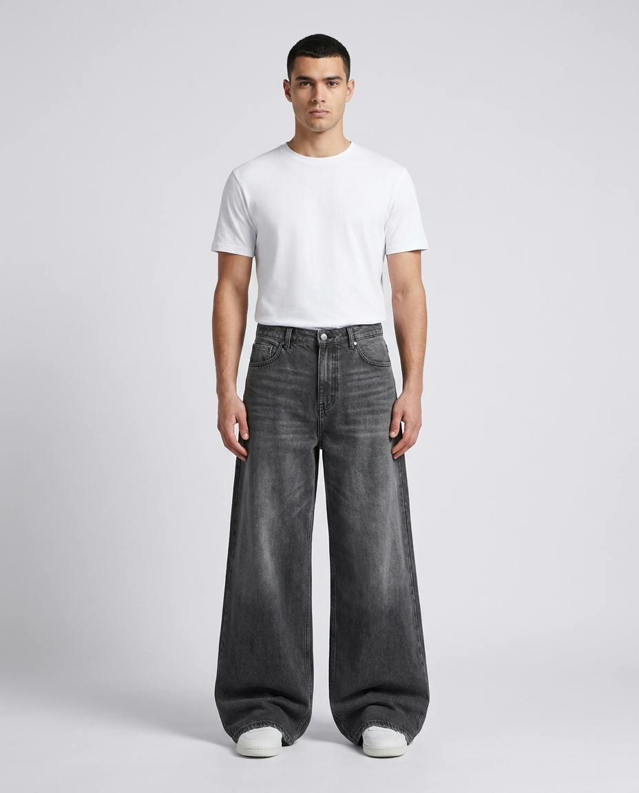 Easy Jeans City Black on model — mega baggy fit covering sneakers