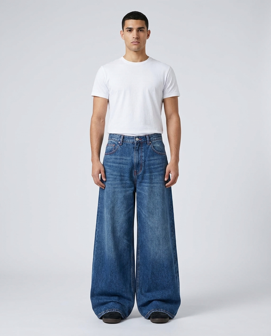 Maxout Jeans Stonewash on model — mega baggy fit covering sneakers
