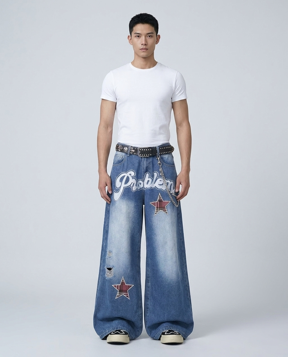Session Ripped Jeans Curb Blue on model — mega baggy fit covering sneakers