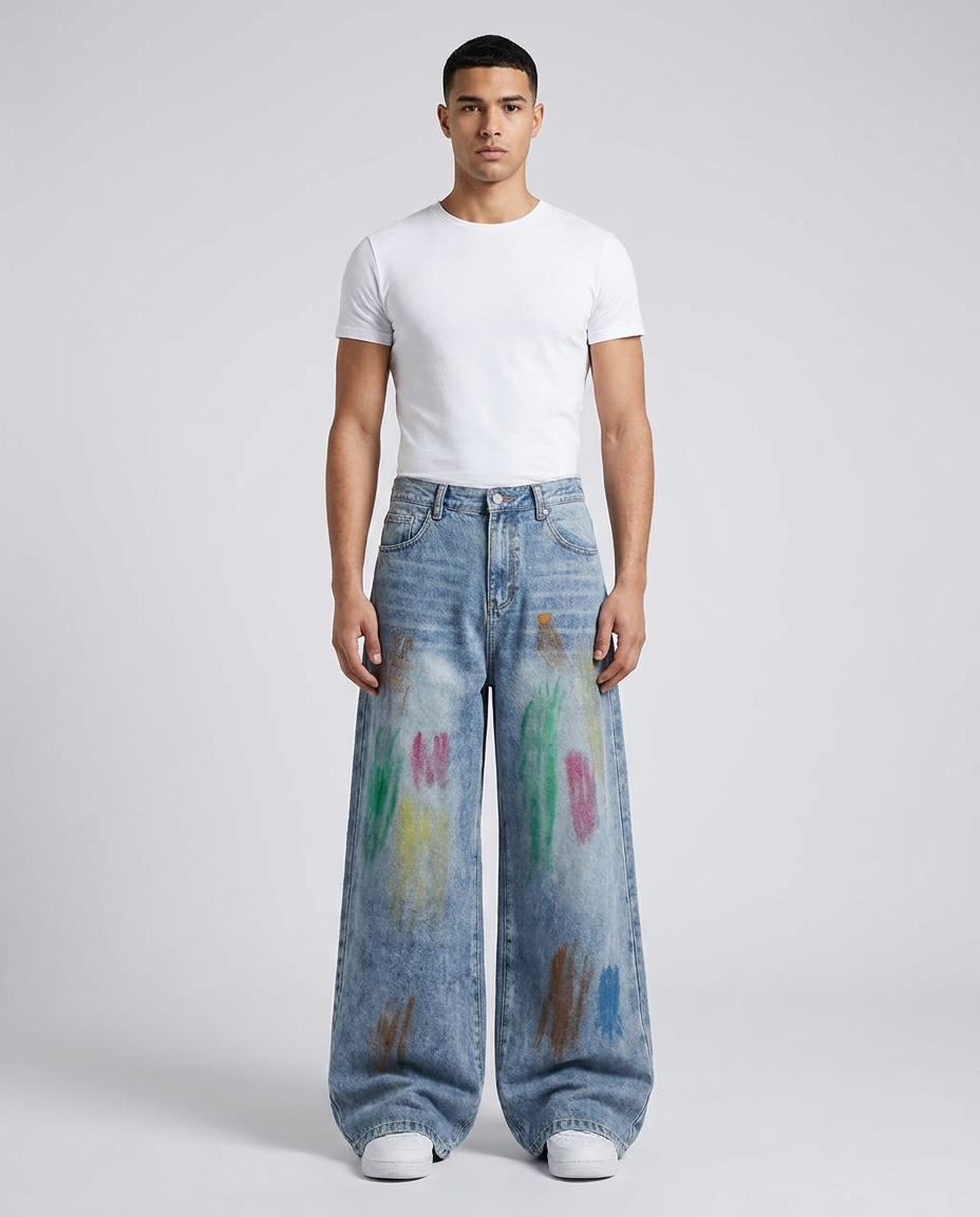 Easy Jeans Paint Splash on model — mega baggy fit covering sneakers