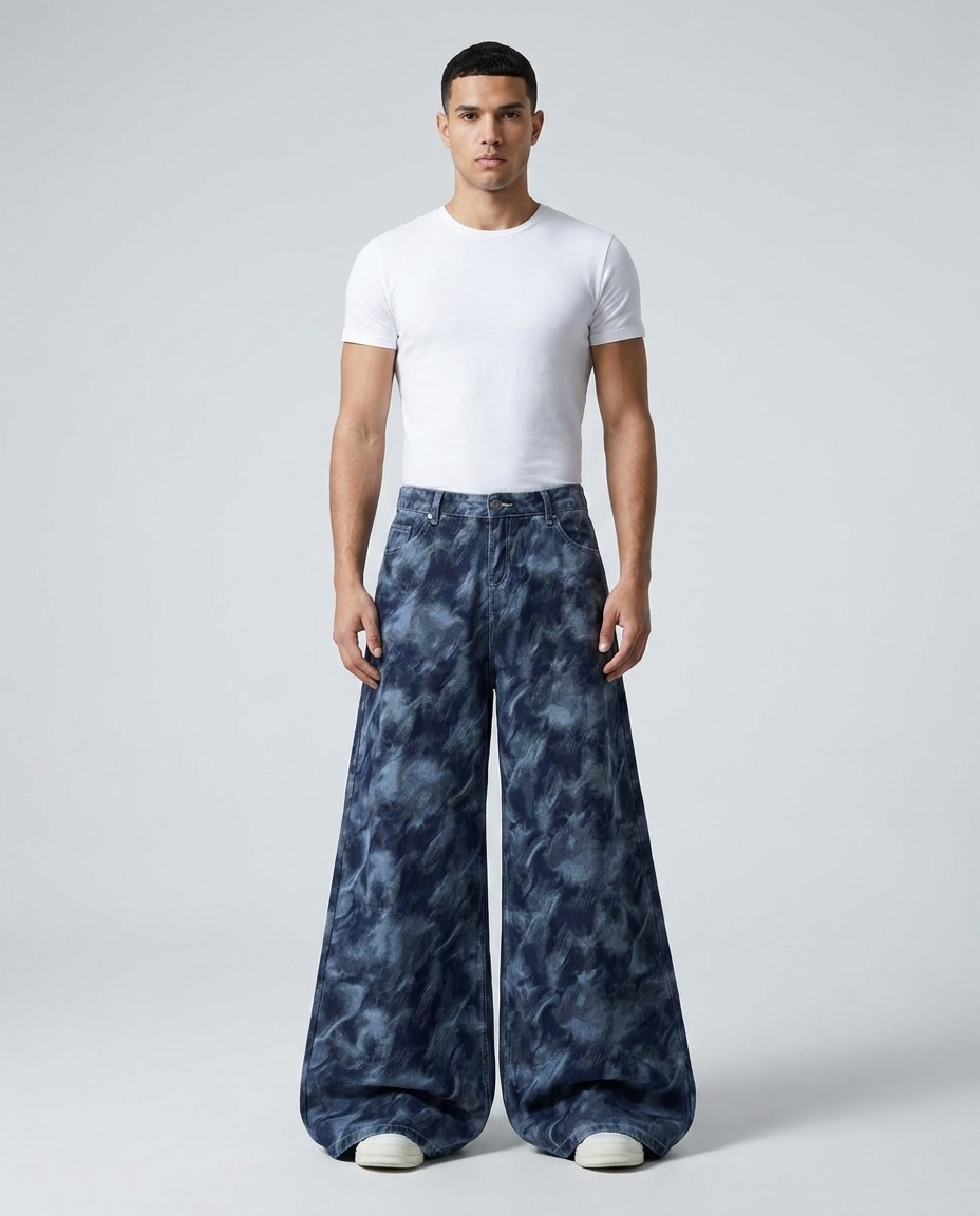 Maxout Jeans Ink Cloud on model — mega baggy fit covering sneakers