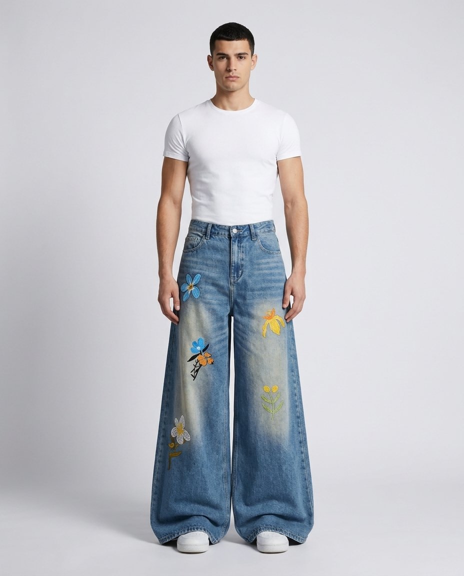 Maxout Embroidered Jeans Flora Blue on model — mega baggy fit covering sneakers