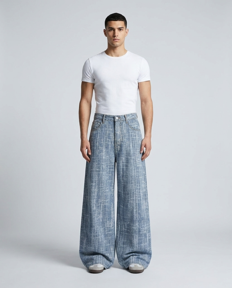 Maxout Jeans Air Weave on model — mega baggy fit covering sneakers