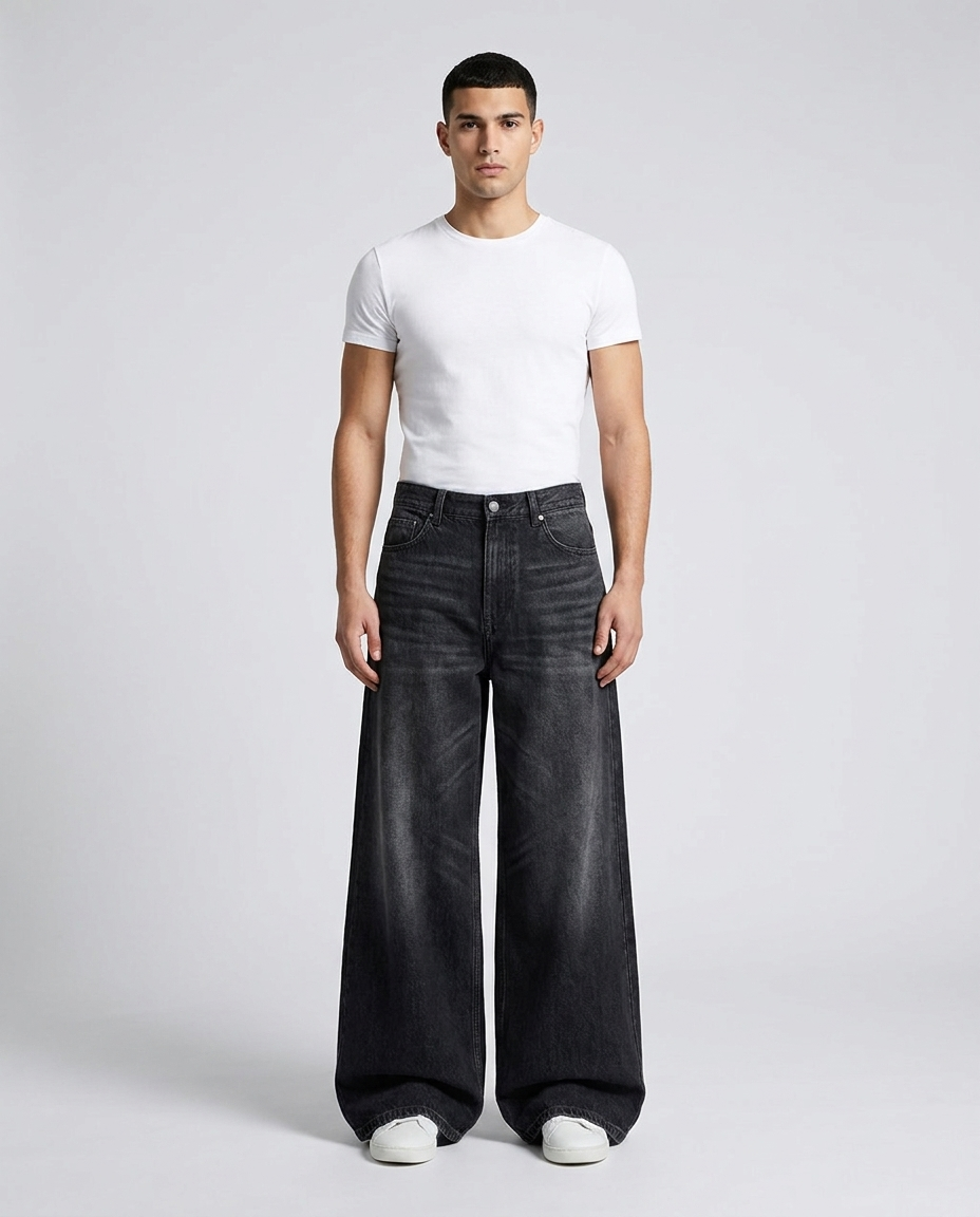 Easy Jeans Washed Black on model — mega baggy fit covering sneakers
