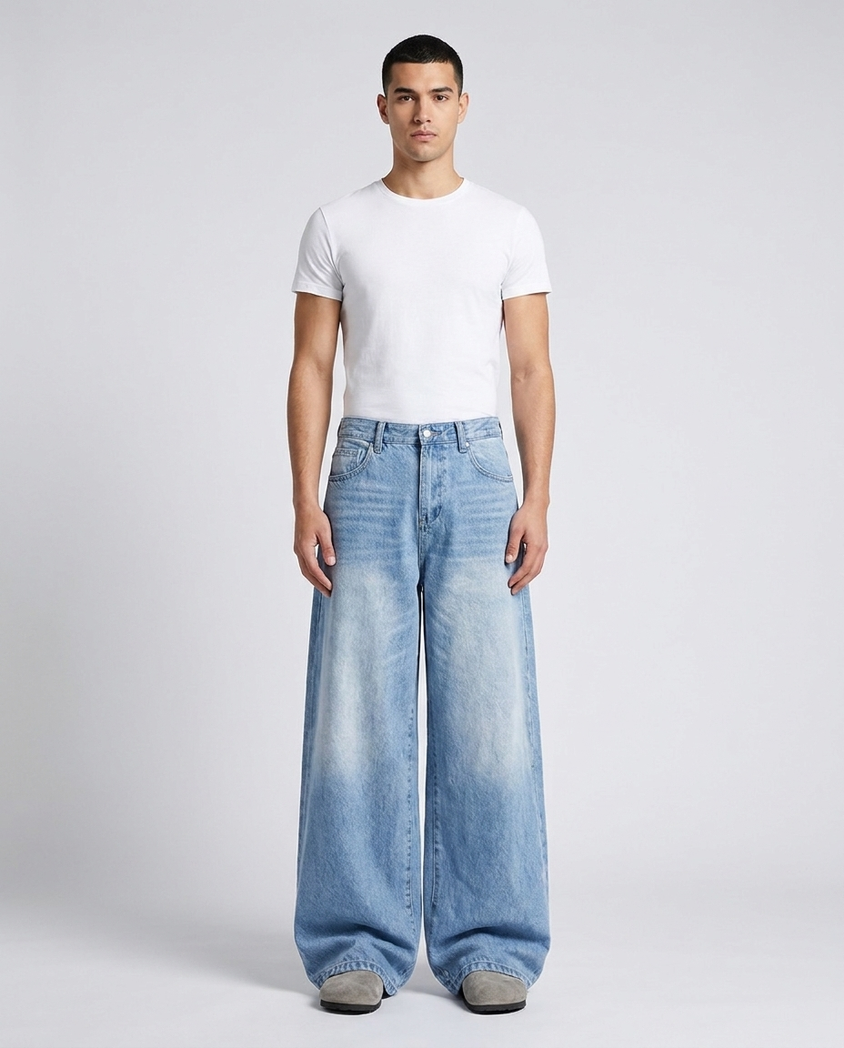 Maxout Jeans Glacier Blue on model — mega baggy fit covering sneakers