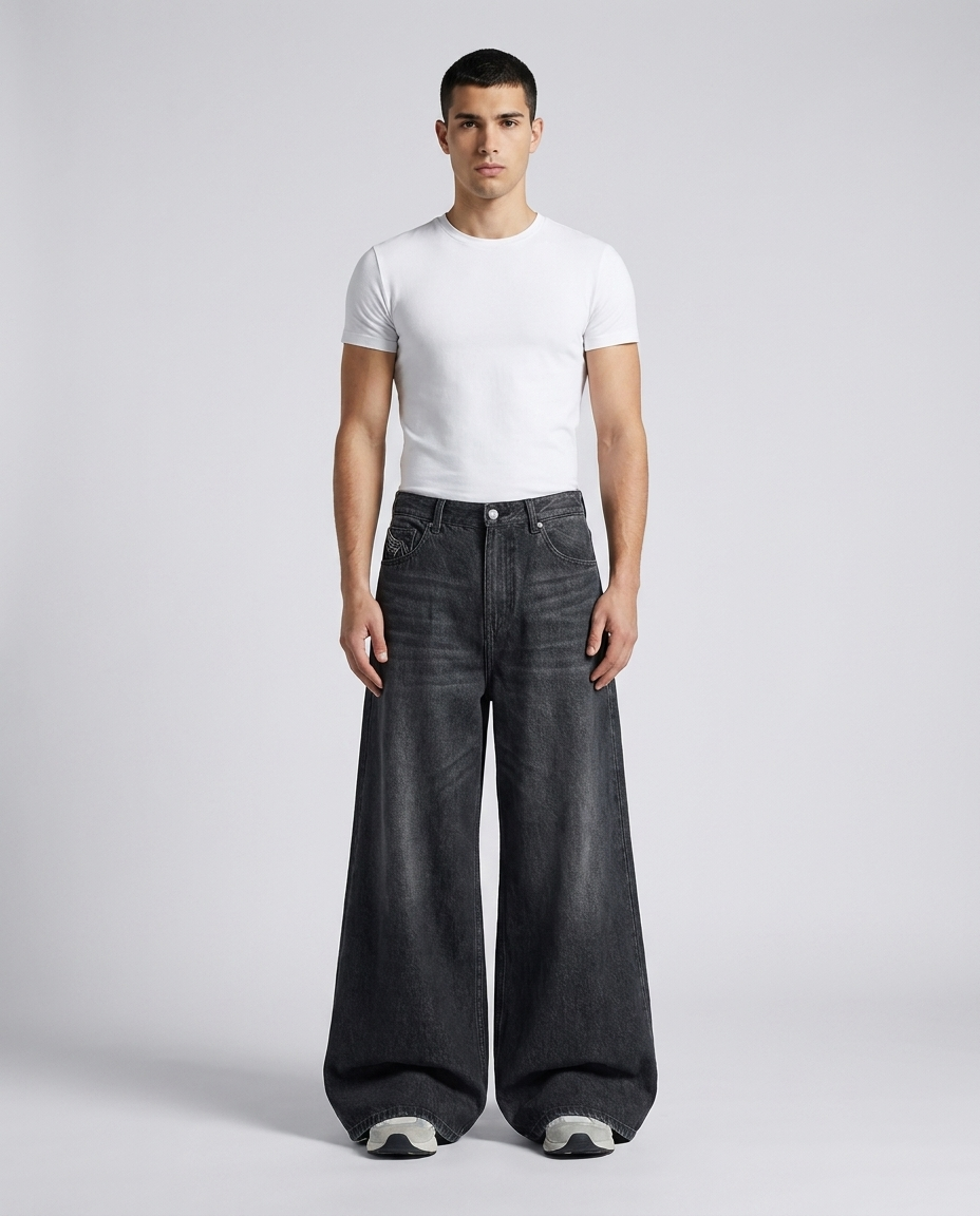 Big Easy Embroidered Jeans Wing Wash on model — mega baggy fit covering sneakers