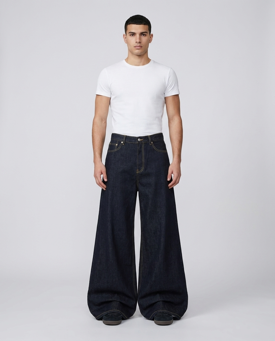 Maxout Jeans Split Night on model — mega baggy fit covering sneakers