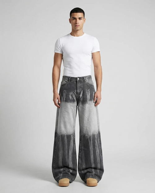 Big Easy Jeans Gradient Dusk on model — mega baggy fit covering sneakers
