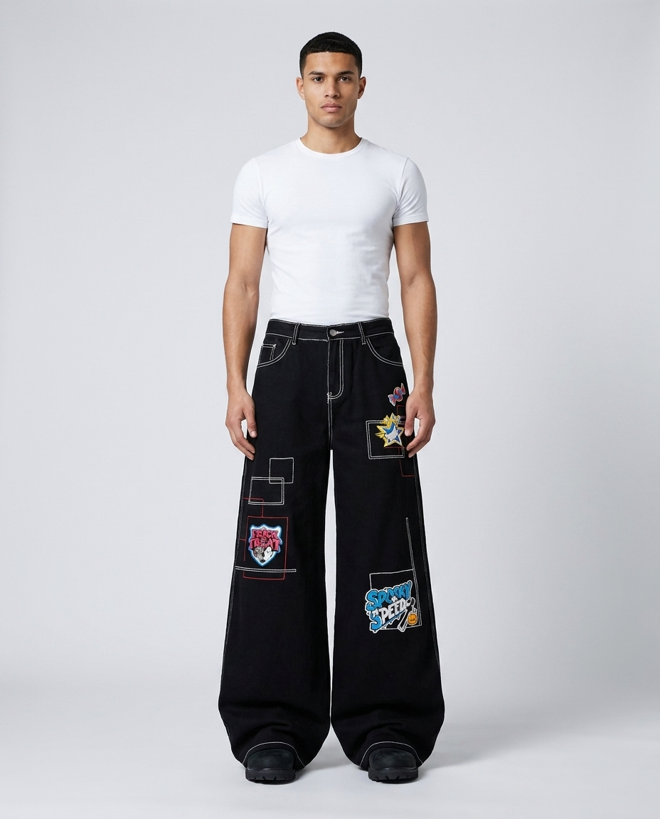 Maxout Jeans Obsidian on model — mega baggy fit covering sneakers