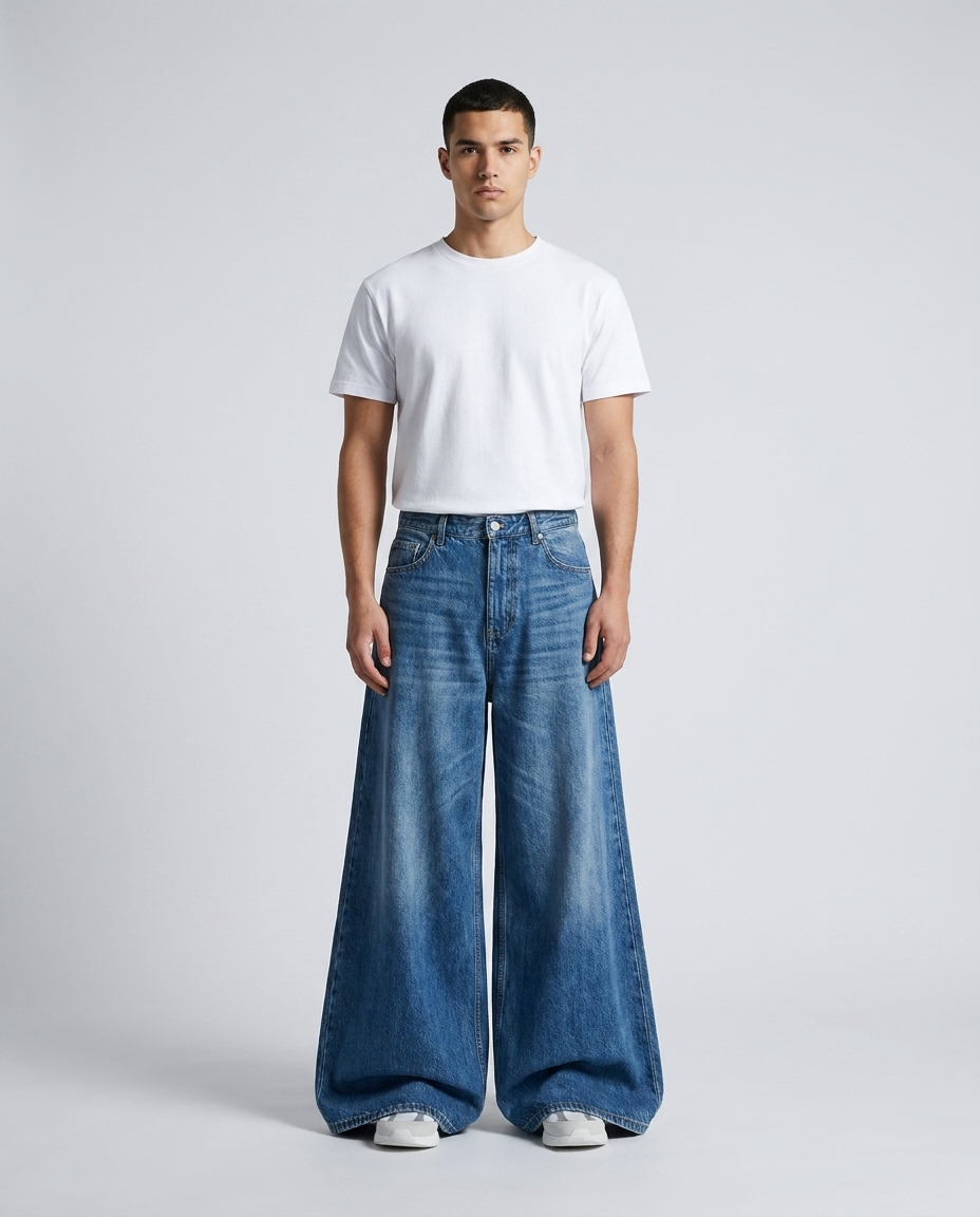 Maxout Jeans Ripple Fade on model — mega baggy fit covering sneakers