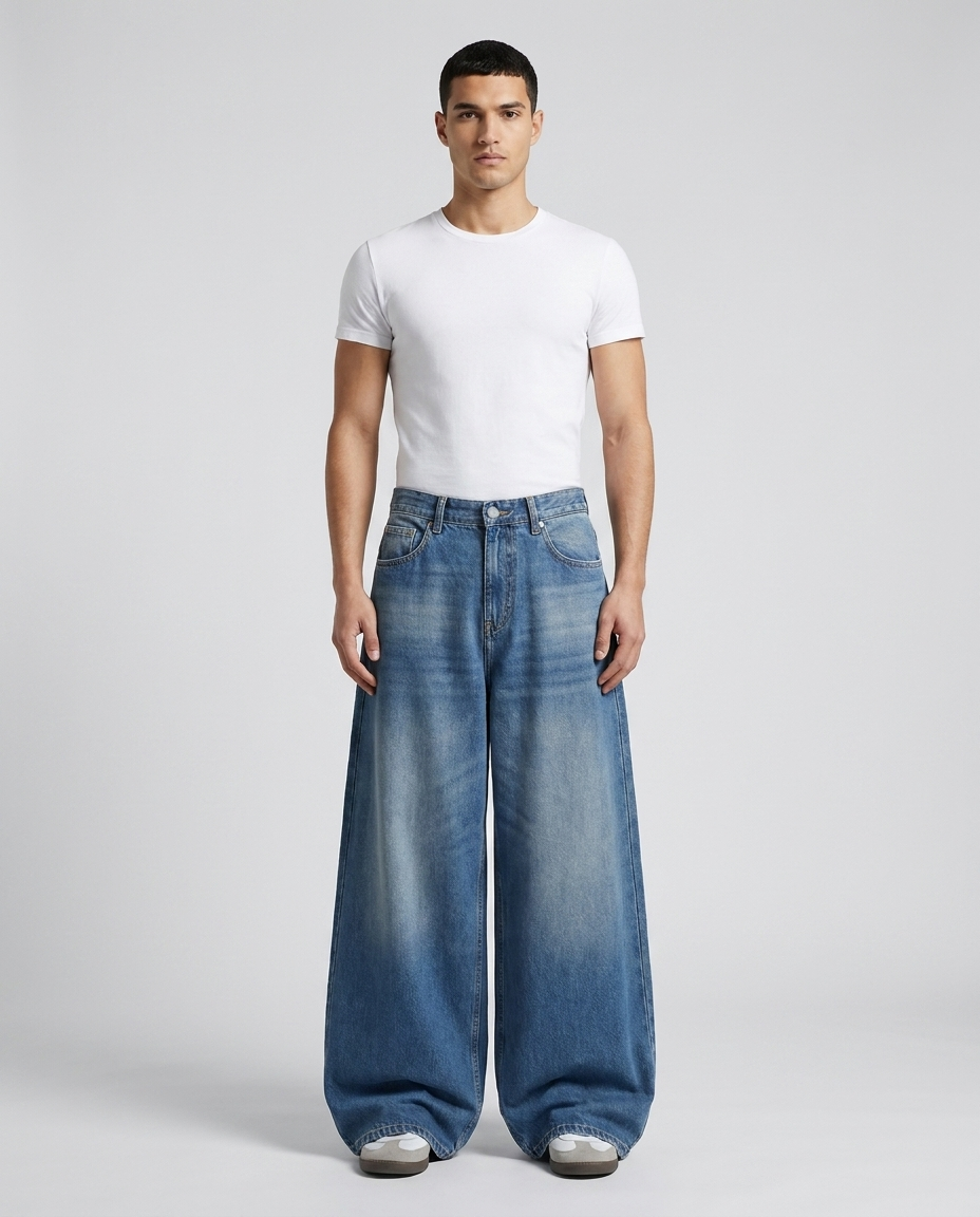 Easy Jeans River Blue on model — mega baggy fit covering sneakers