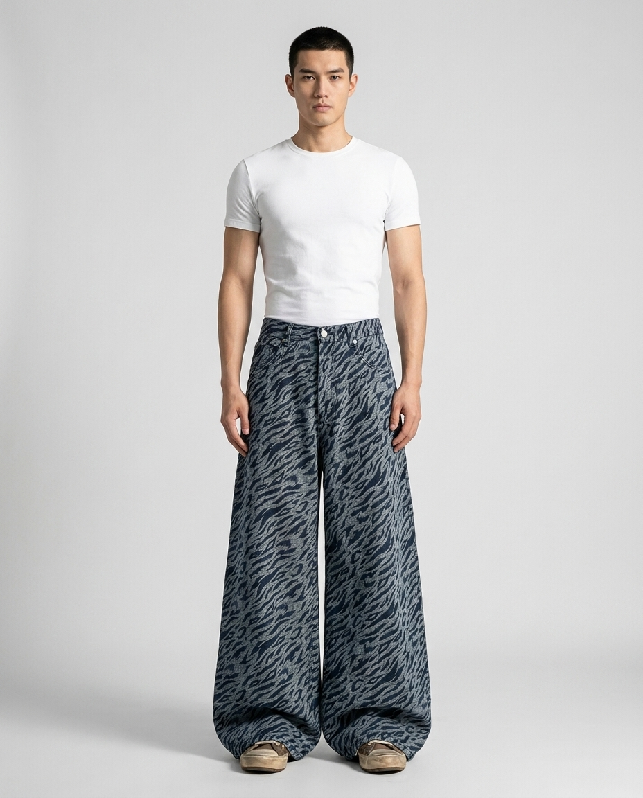 Maxout Jeans Zebra Fade on model — mega baggy fit covering sneakers